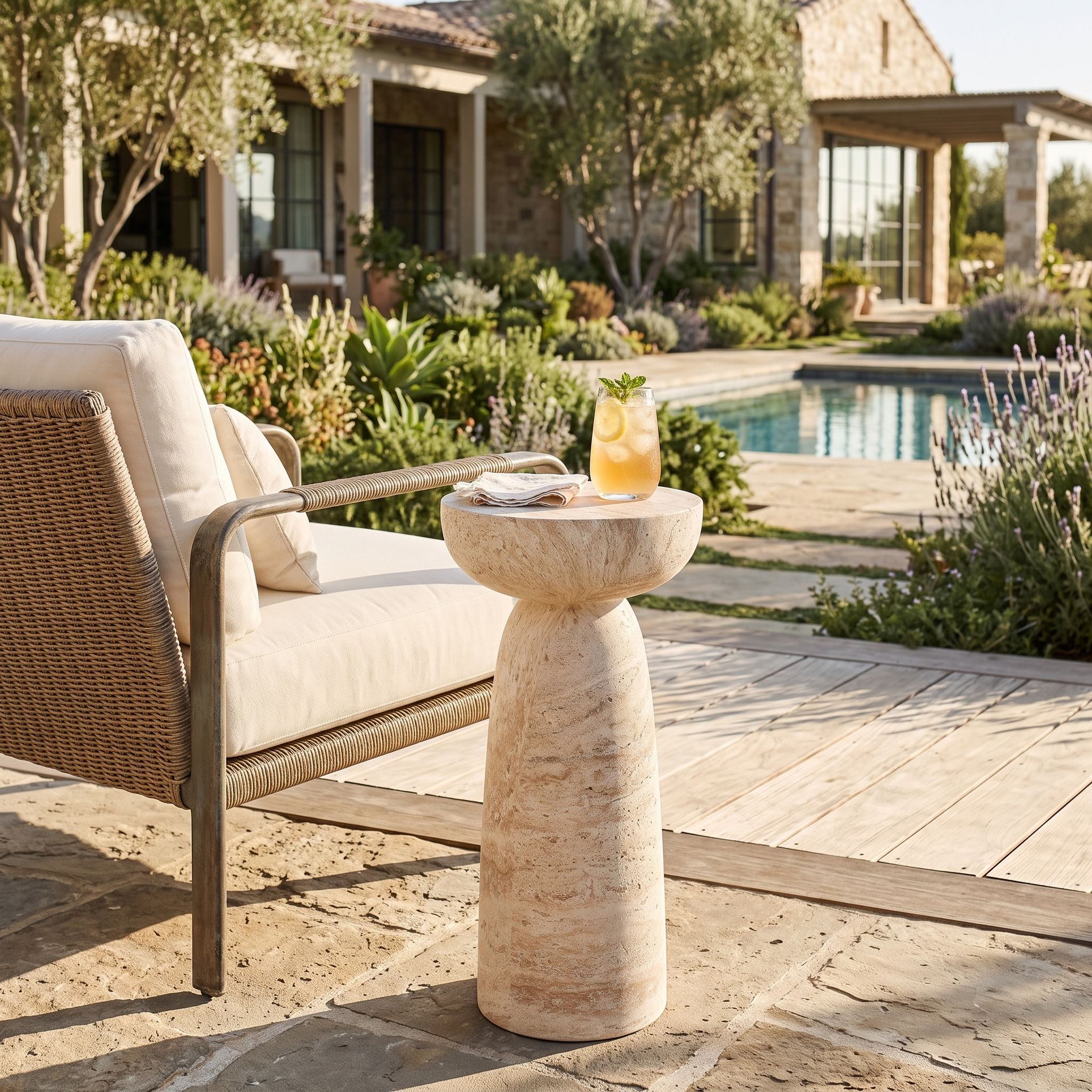 28" H Indoor‑Outdoor MGO End Table, Hand‑Crafted Plant Stand Side Table for Patio, Entryway, Living Room, Travertine - ModernLuxe