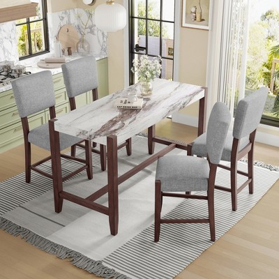 5 PCS Bar Height Dining Set with 4 Upholstered Bar Stool&Faux Marble Table, Counter Height Dining Set Bistro Dining Set, Mid-century Modern-ModernLuxe