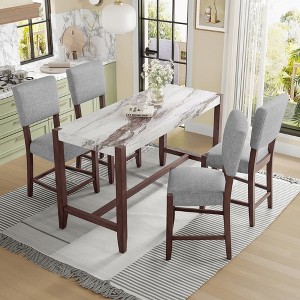 5 PCS Bar Height Dining Set with 4 Upholstered Bar Stool&Faux Marble Table, Counter Height Dining Set Bistro Dining Set, Mid-century Modern-ModernLuxe - 1 of 4