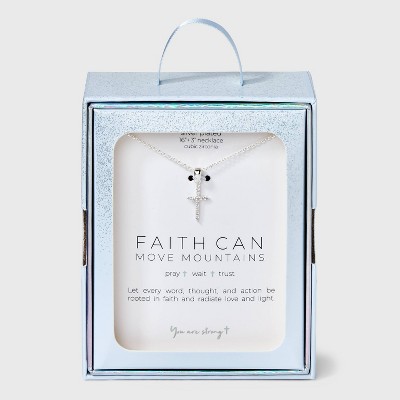 Silver Plated Cubic Zirconia Cross Pendant Necklace - Silver
