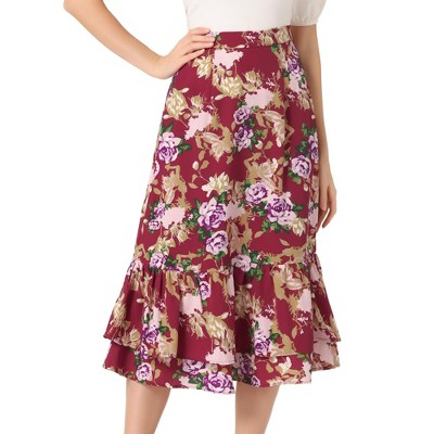 INSPIRE CHIC Women's Chiffon Elastic Waist Ruffle Tiered Flowy Midi Floral Printed Skirts
