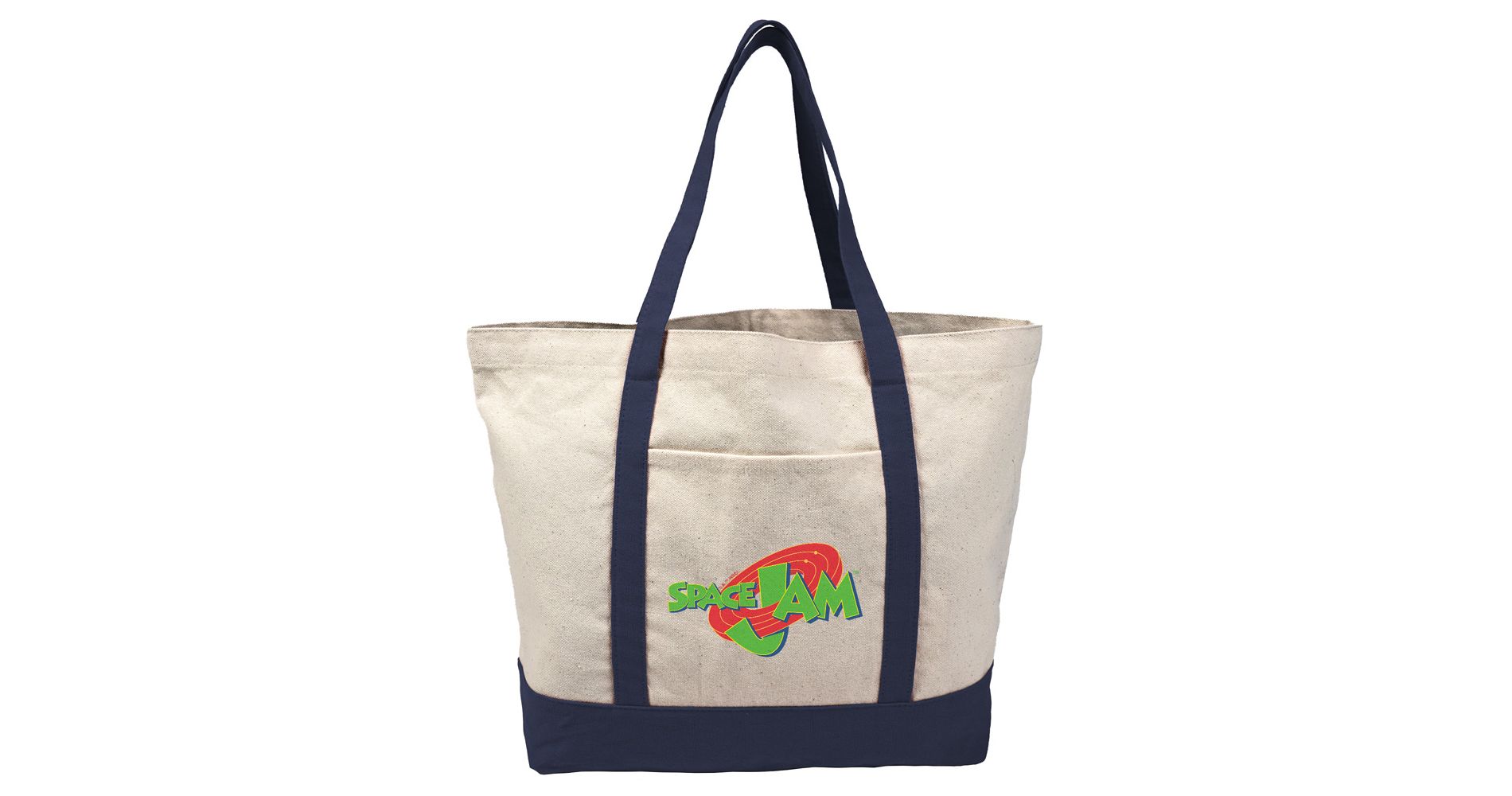Space Jam Logo Canvas Tote Bag With External Pocket, Reusable Shoulder Bag for Shopping, School, Beach, Navy