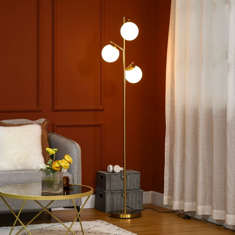 HOMCOM 3-Light Modern Floor Lamp for Living Room Bright Lighting, Tree Standing Lamp for Bedroom with Globe Lampshades, Gold, 3 of 8