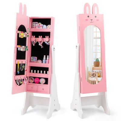Tangkula Kids Jewelry Armoire Cabinet Free-Standing Full Length Mirror with Storage and 4 Tilt Angles
