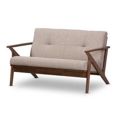 Bianca Mid modern Walnut Wood Fabric Tufted 2 Seater Loveseat