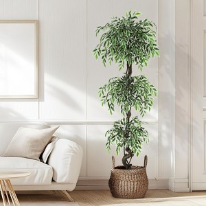 Artificial Ficus Tree for Home Decor Indoor,Faux Floor Tree White Imitation Ceramic Planter, Indoor Outdoor Lifelike Fake Ficus Tree with Pebbles - 1 of 4