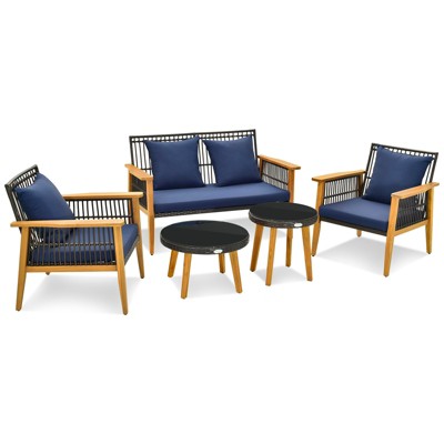 Tangkula 5PCS Rattan Woven Conversation Set Stable Acacia Wood Frame for Backyard Patio