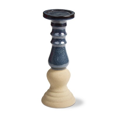 Large Blue and Beige Ceramic Pillar Candle Holder