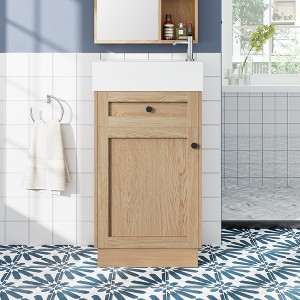 FAMYYT 18 in. Single Sink Freestanding Wood Bath Vanity with White Resin Top, Adjustable Shelf, Reversible Soft Close Door - 1 of 4