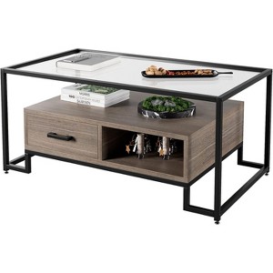 Tempered Glass Coffee Table, Rectangular Center Table with 2 Drawers & Storage Shelf, Vintage Industrial Accent for Living Room, Black/Rustic Brown - 1 of 4