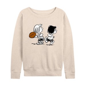 Women's - Peanuts - Marcie Patty Football Lightweight French Terry Wide Neck Long Sleeve Shirt - 1 of 4