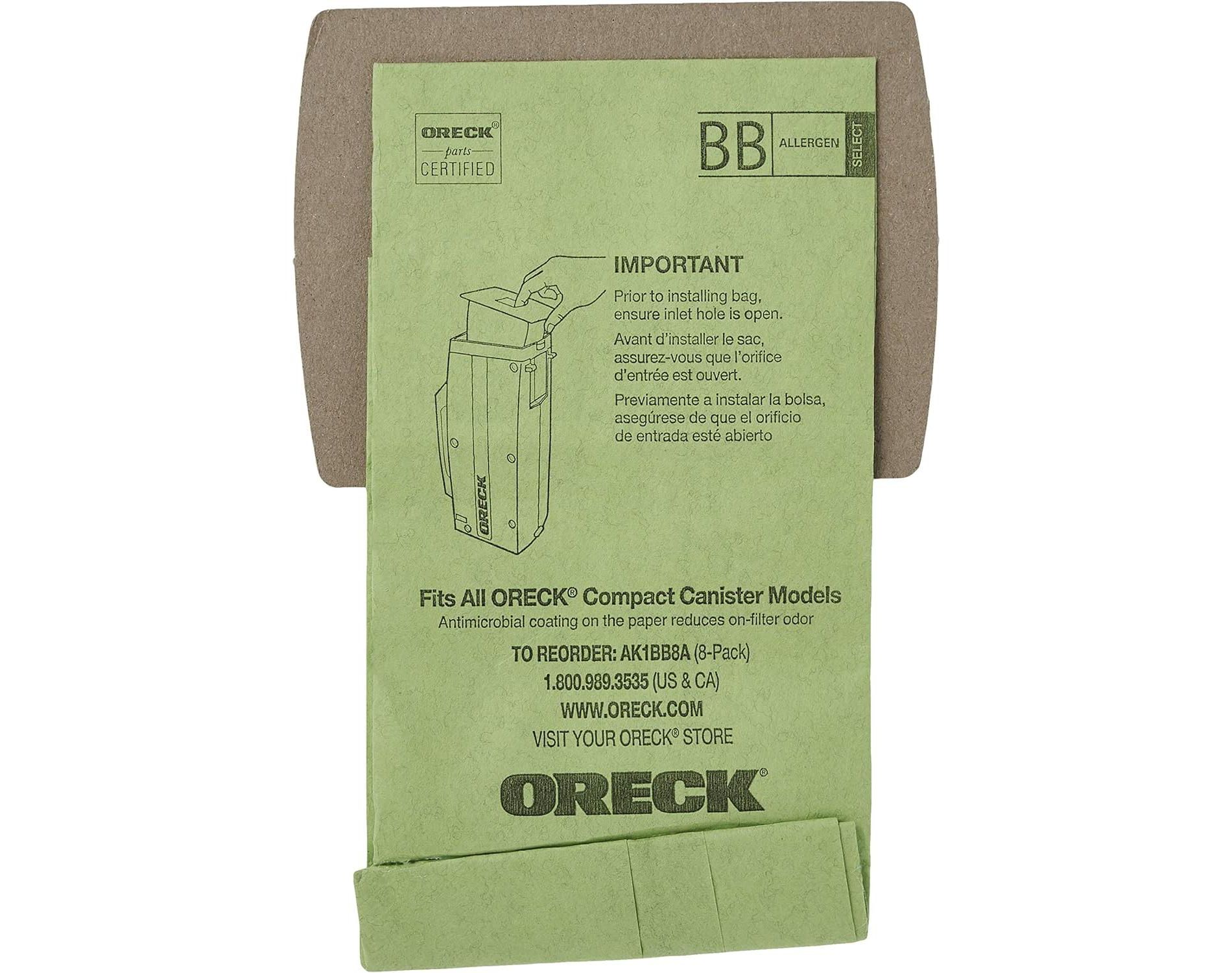 Oreck Genuine Buster B Canister Vacuum Paper Bags, 8-Pack, AK1BB8A, Green
