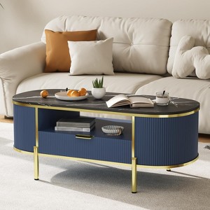 Modern Oval Coffee Table with Storage Organizer,48" Wood Fluted Center Table for Living Room - 1 of 4