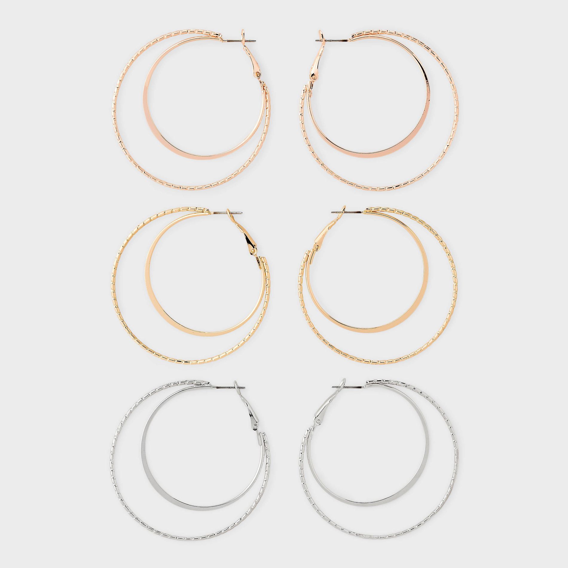 Smooth and Textured Wire Trio Hoops - Wild Fable™ Mixed Metal