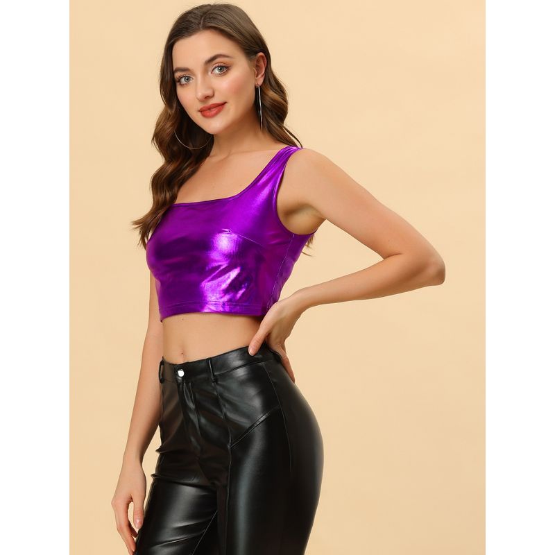 Allegra K Women's U Neck Sleeveless Party Clubwear Shiny Metallic Crop Tank Tops, 3 of 6