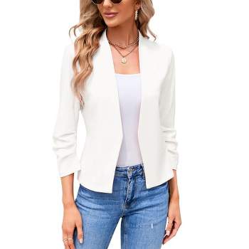 Whizmax Women's 3/4 Sleeve Blazer Casual Open Front Cardigan Shrugs Ruched Sleeve Office Cropped Blazer Jacket