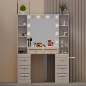 GDFStudio Fina Modern Mirror Vanity Table with Lights, Charging Station, 7 Drawers and Open Shelves - 1 of 4