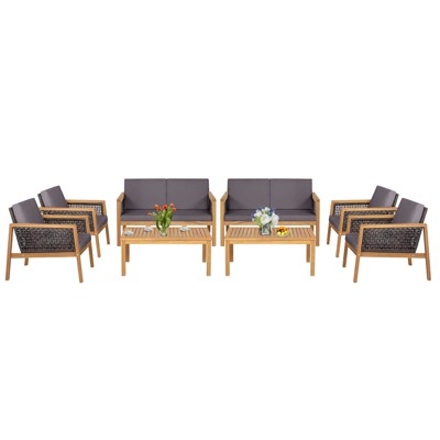 Tangkula 8-Piece Patio Acacia Wood Furniture Set Outdoor PE Rattan Conversation Set with Removable Cushions