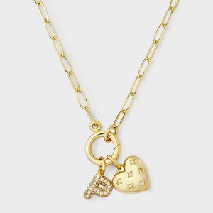 14K Gold Dipped Cubic Zirconia Puffy Heart Charm Initial Necklace - A New Day™ Gold - 1 of 4