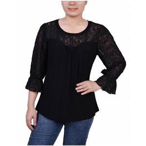 NY Collection Womens Embroidered Mesh Yoke Crepe Sleeve Pullover Blouse - 1 of 1