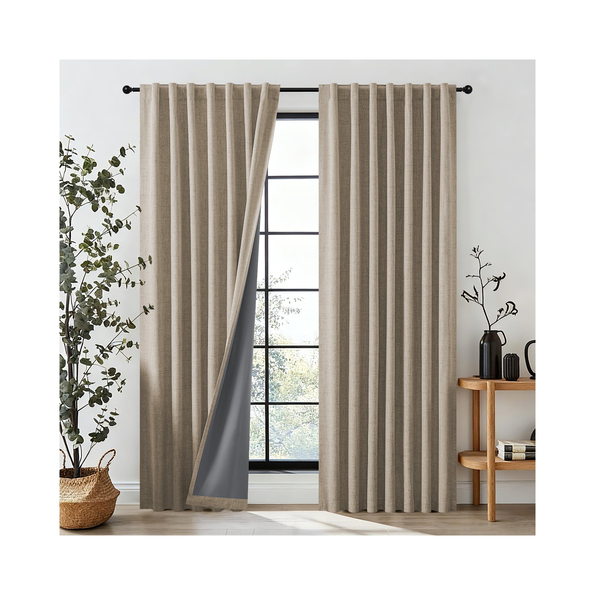 JoyDeco 52" x 72" Linen Thermal Insulataed Faux Linen Textured 100% Blackout Curtains for Bedroom Rod Pocket & Back Tabs (Set of 2)