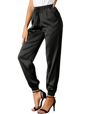 INSPIRE CHIC Women's Drawstring Elastic Waist Ankle Length Satin Joggers Pants with Pocket