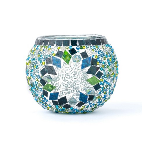 Kafthan 3.4 In. Handmade Turquoise And White Mosaic Glass Votive Candle ...