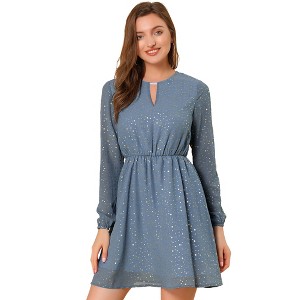 INSPIRE CHIC Women's Choker V Neck Vintage Flared Gilding Metallic Shiny Star A-Line Dress - 1 of 4