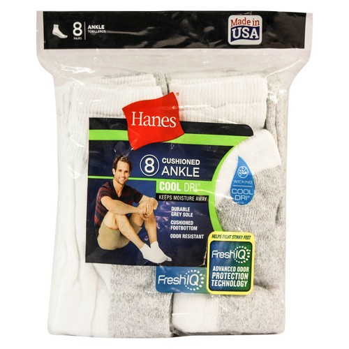 Men's Hanes Cool Dri 8pk Ankle Socks With FreshIQ - White, Size: Small