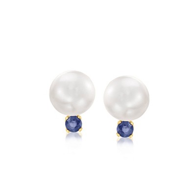 Ross-Simons 8-8.5mm Cultured Pearl and .30 ct. t.w. Sapphire Earrings in 14kt Yellow Gold