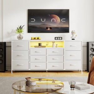 63" TV Stand for up to 75 Inch TV - Fabric Chest of Drawers with Charging Station, LED Lights, Open Shelves, 12 Drawer Dresser - 1 of 4