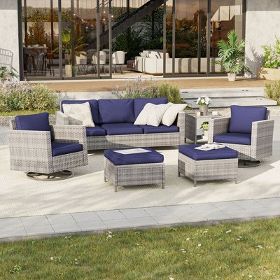 Sonkuki Outdoor 6-Piece Wicker Patio Conversation Set with 2 Rattan Swivel Rocking Chairs, Side Table, Ottoman and Navy Blue Cushion