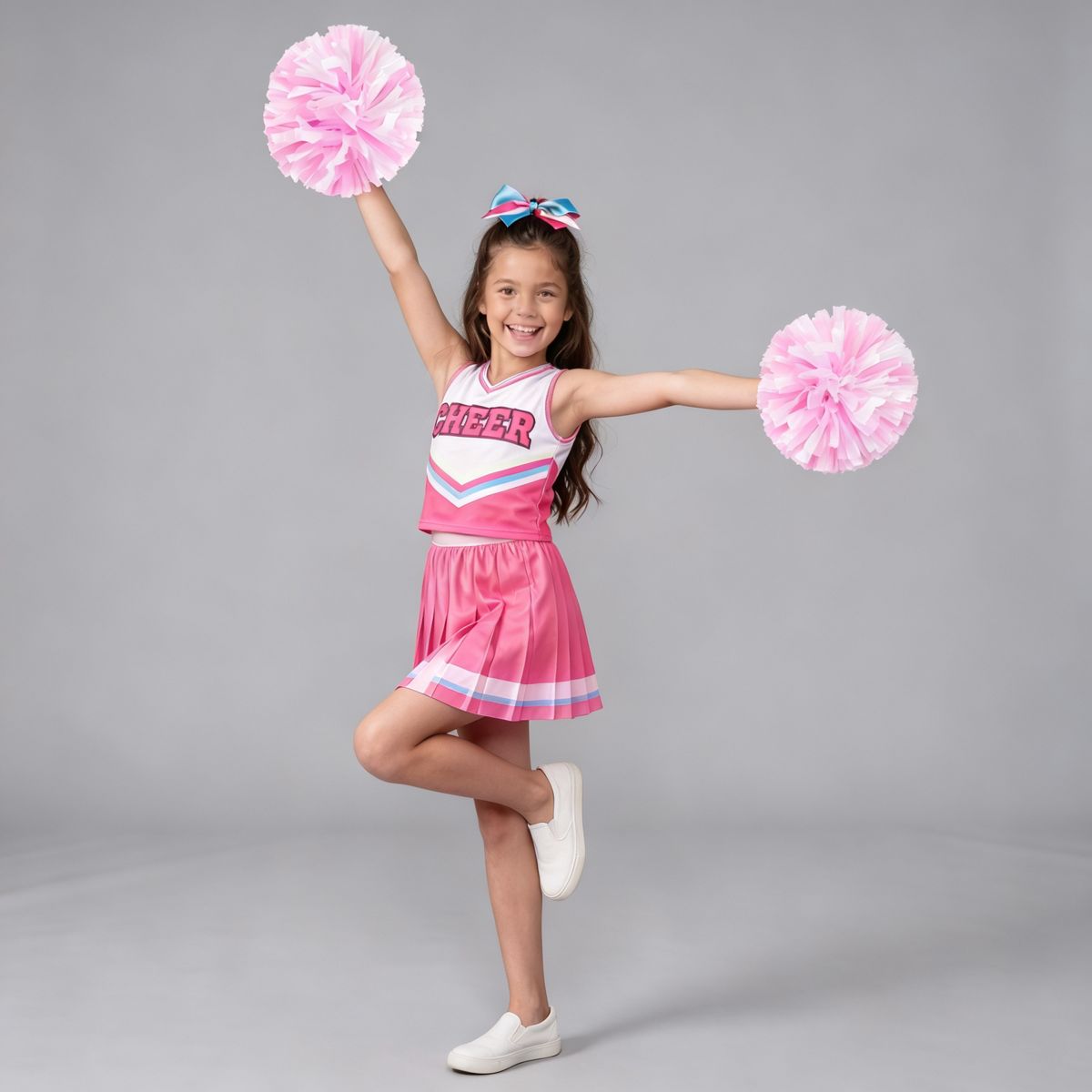 Joyfy Halloween Costume Cheerleader Set for Girls, Pink & Blue Uniform Outfit with Pom Poms – Uniform Suit for Kids Dress Up Party