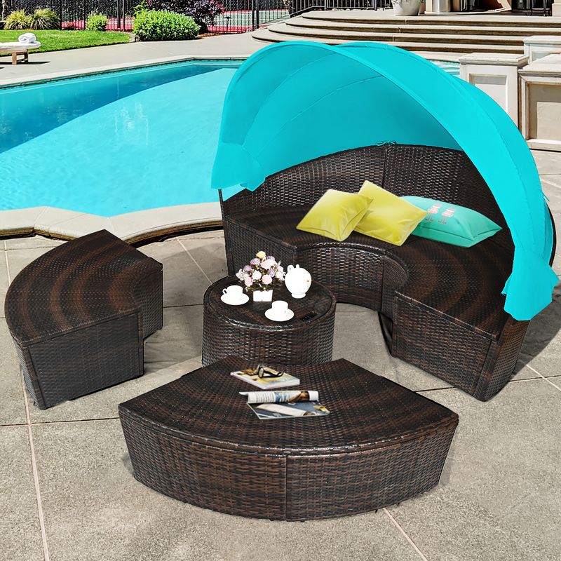 Costway Patio Rattan Daybed Cushioned Sofa Adjustable Table Top Canopy, 2 of 11