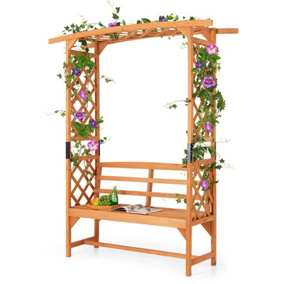 Tangkula Patio Arbor Garden Archway w/ Pergola Bench & Side Trellises for Climbing Plants Vines Grapes 2-Seat Wooden Outdoor Bench Backyard Decoration