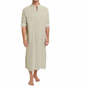 BLUEMING Men's Kaftan Robe Thobe Long Sleeve Button Down Henley Side Splits Casual Side Split Gown Shirt - 1 of 4