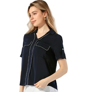 INSPIRE CHIC Women's V Neck Short Sleeve Chiffon Blouse - 1 of 4