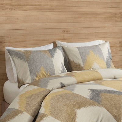 Yellow and Taupe Ikat Cotton King/Cal King Duvet Cover Set