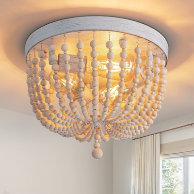 Ludomide Wood Beaded Chandelier, 3-Light Boho Flush Mount Ceiling Light, 12.6" Rustic Boho Light Fixture for Nursery Bedroom Kitchen