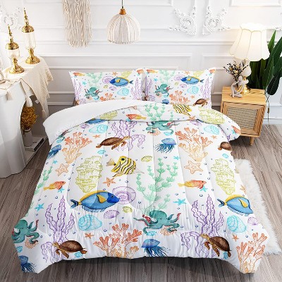 Turtle Comforter Set Twin Ocean Watercolor Sea Turtle Bedding Set Tropical Fish Marine Life Bed Set with 2 Pillowcases for Kids Room Decor