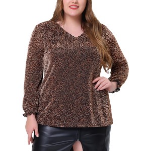 Agnes Orinda Women's Plus Size Glitter Sparkle V Neck Puff Long Sleeve Metallic Party Sequin Blouses - 1 of 4