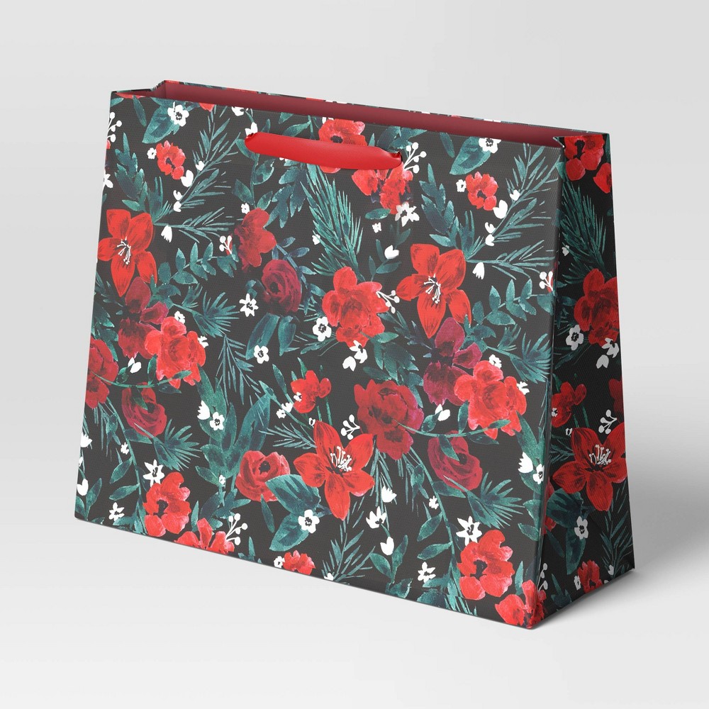 Large Vogue Poinsettia Flower Christmas Gift Bag with 'Merry' Tag Black/Green/Red - Wondershop™