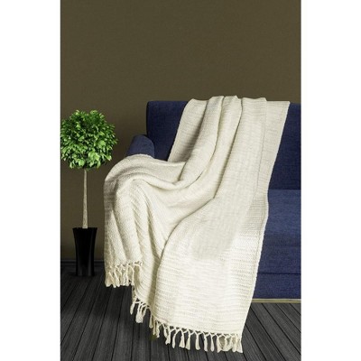 Ivory Handwoven Cotton Blend Throw Blanket with Fringe, 50x60