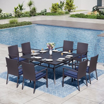 Captiva Designs 9pc Spacious Slat-top Square Metal Table with Umbrella Hole & Armrest Rattan Chairs with Blue Cushions