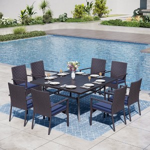 Captiva Designs 9pc Spacious Slat-top Square Metal Table with Umbrella Hole & Armrest Rattan Chairs with Blue Cushions - 1 of 4