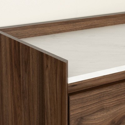 Natural Walnut and White Stone 2-Drawer End Table with Brass Legs