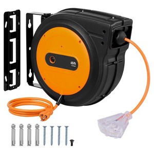 VEVOR Retractable Extension Cord Reel, 65 FT, Heavy Duty 12AWG/3C SJTOW Retractable Power Cord with Lighted Triple Tap Outlet, Black - 1 of 4
