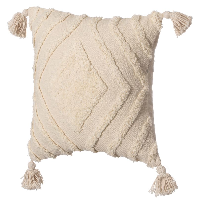 16" Handwoven Cotton Throw Pillow Cover with White on White Tufted Design and Tassel Corners, 1 of 8