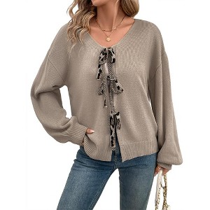 Women's Tie Front Bow Cardigan Sweaters Knit Long Sleeve Jacket Coats Fall Winter Clothing Gray L - 1 of 4