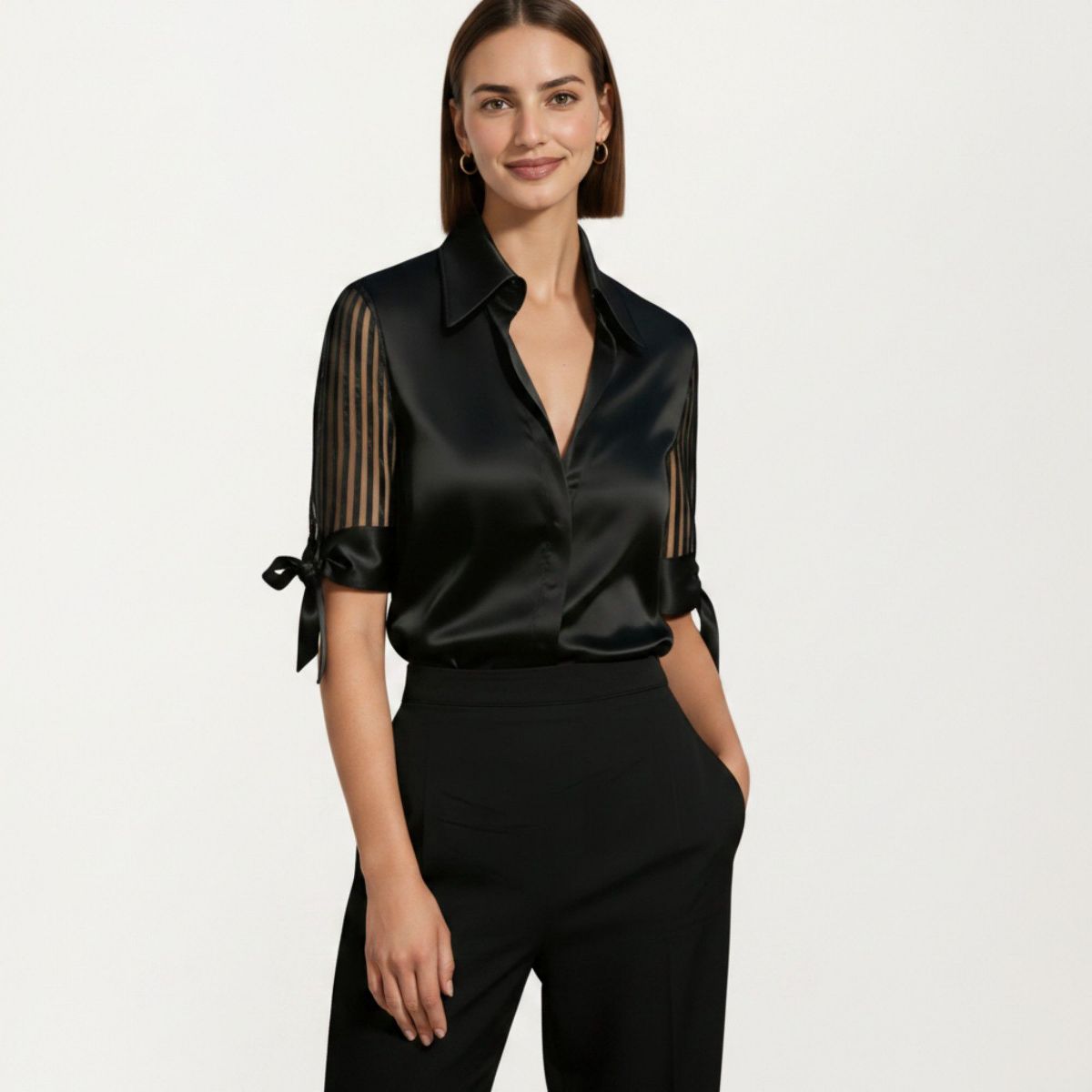 Anna-Kaci Women's Satin Collared Blouse with Sheer Stripe Sleeves and Bow Tie Cuffs - thumbnail 4